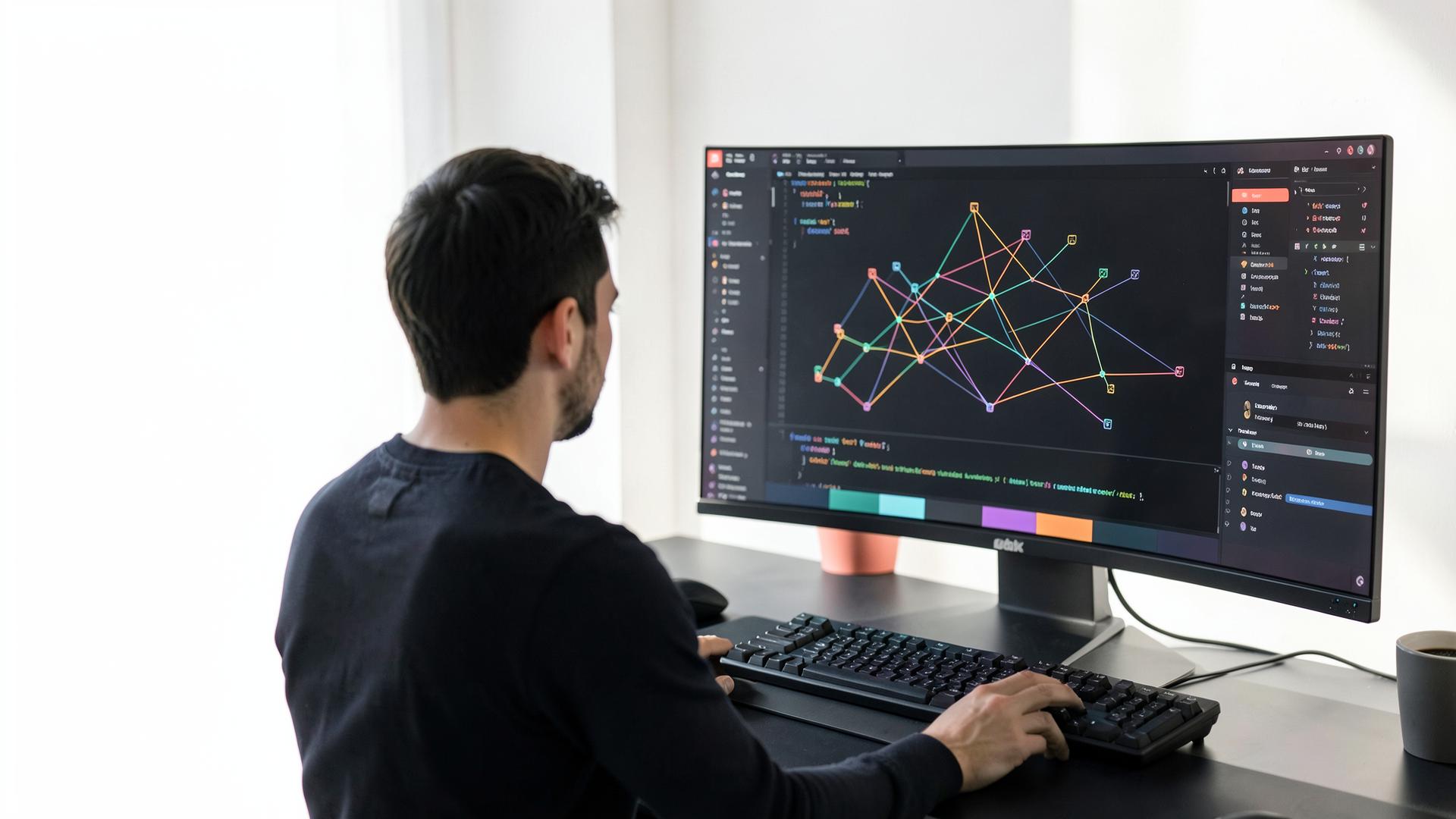 Developer exploring a colorful Git commit graph in a code workspace